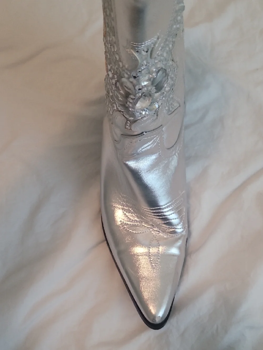 Silver Western-Style Mid-Calf Boot with Embellished Stitching - Picture 2 of 7